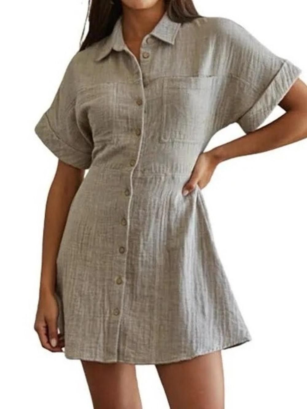 Before You Light Brown Short Sleeve Button Down Babydoll Dress 100% Cotton